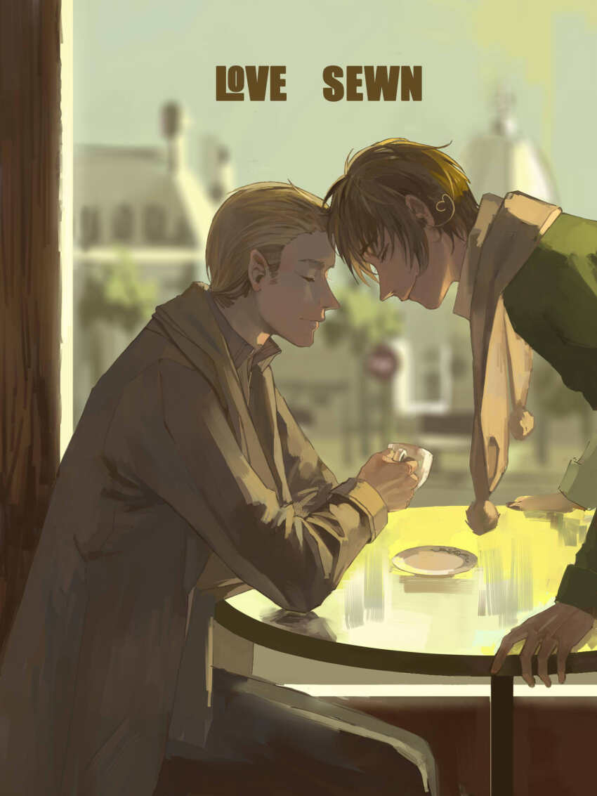 2boys axis_powers_hetalia blonde_hair blurry blurry_background brown_hair character_request closed_eyes coat cup highres holding holding_cup long_sleeves male_focus multiple_boys plate profile smile table xiaoquandianer yaoi