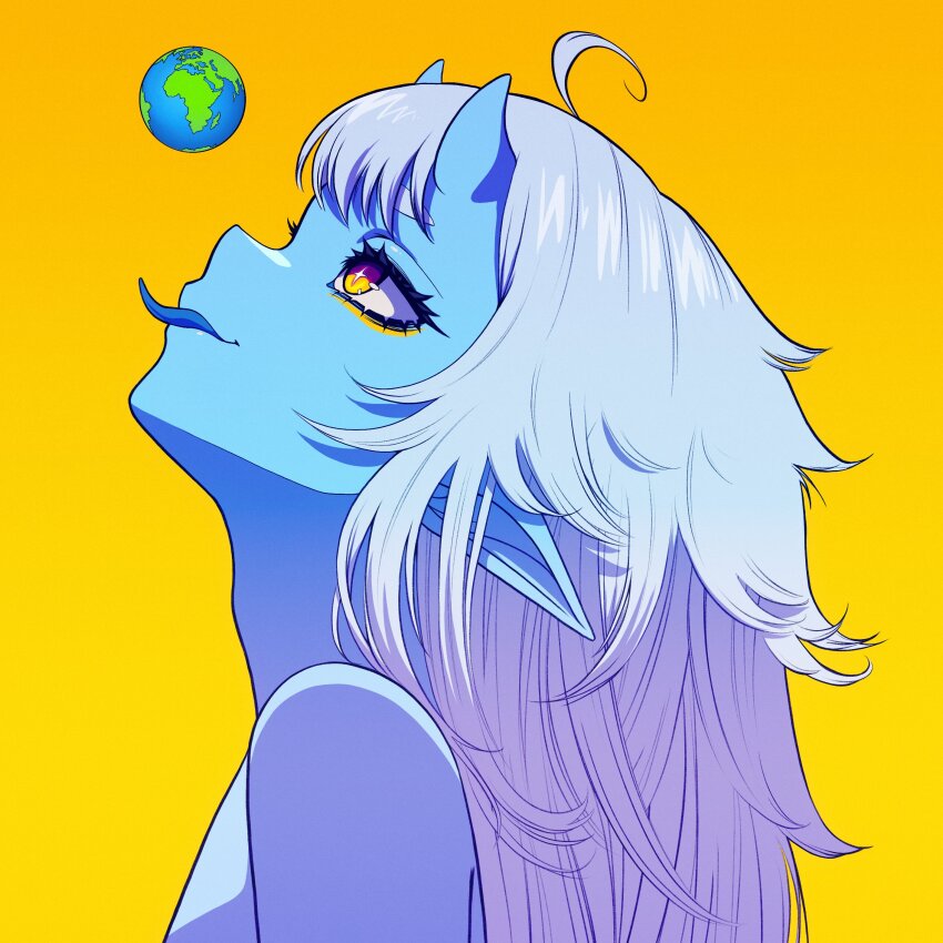 1girl absurdres ahoge artist_self-insert blue_oni blue_skin blue_tongue colored_skin colored_tongue commentary earth_(planet) english_commentary eyebrows_hidden_by_hair eyelashes eyeliner from_side grey_hair highres horns indie_virtual_youtuber kuu_(kuutuber) kuutuber long_hair looking_up makeup oni planet pointy_ears portrait profile skin-covered_horns solo star-shaped_pupils star_(symbol) straight_hair symbol-shaped_pupils thick_eyebrows tongue tongue_out virtual_youtuber yellow_background yellow_eyeliner yellow_eyes