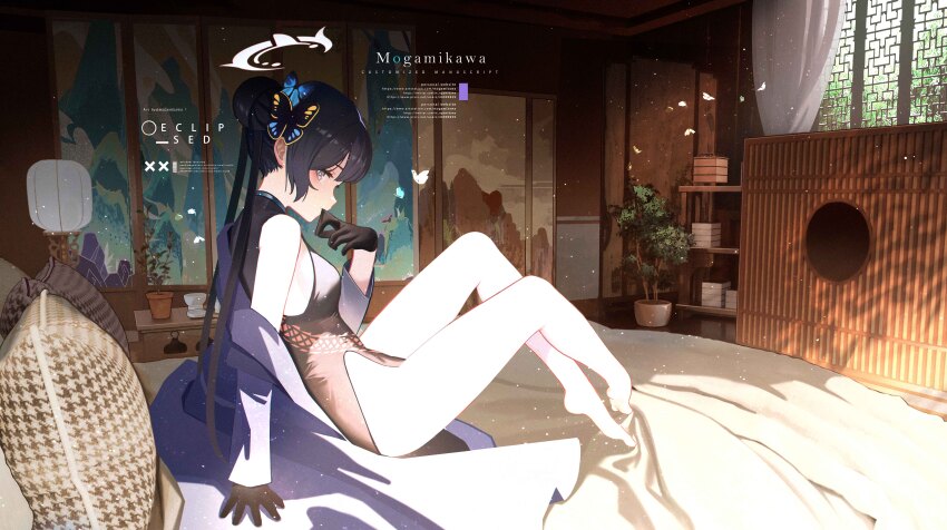 1girl absurdres bare_arms bare_legs bare_shoulders barefoot black_gloves black_hair blue_archive blush butterfly_hair_ornament china_dress chinese_clothes dragon_print dress from_side gloves grey_eyes hair_bun hair_ornament highres kisaki_(blue_archive) looking_at_viewer mogamigawa_(mwft8758) sitting sleeveless sleeveless_dress solo twintails