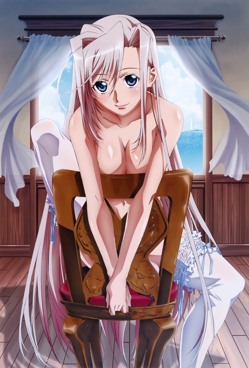1girl absurdres ahoge asymmetrical_bangs blue_eyes blue_sky body_blush bow bow_legwear breasts breasts_squeezed_together censored chair chair_censor charlotte_hazellink cleavage cloud convenient_censoring female_focus frilled_thighhighs frills hair_between_eyes hair_intakes highres indoors lace lace-trimmed_legwear lace_trim large_breasts leg_up light_smile lighthouse lipstick long_hair looking_at_viewer makeup megami_magazine navel nude ocean official_art own_hands_together princess_lover scan shadow sidelocks silver_hair sitting sitting_backwards sky smile solo thighhighs transparent uchida_takayuki v_arms very_long_hair water white_thighhighs wind window wooden_floor