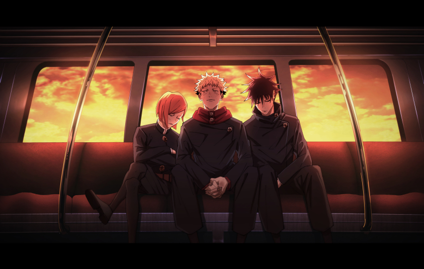1girl 2boys black_hair black_pantyhose black_skirt commentary_request crossed_legs frown fushiguro_megumi highres itadori_yuuji jujutsu_kaisen jujutsu_tech_uniform kugisaki_nobara multicolored_hair multiple_boys orange_hair own_hands_together pantyhose pink_hair pleated_skirt sitting skirt sleeping sleeping_upright train_interior two-tone_hair yanoooh