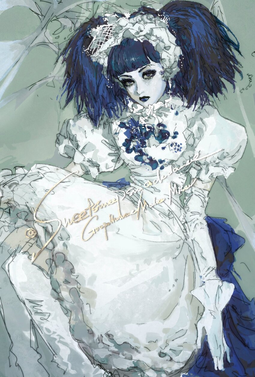 1boy blue_hair commentary crossdressing crossdressing_(mtf) dress eyeshadow gengreyab hashtag-only_commentary highres lipstick lolita_fashion makeup malice_mizer mana_(malice_mizer) real_life solo tanbi_kei twintails visual_kei white_dress white_facepaint