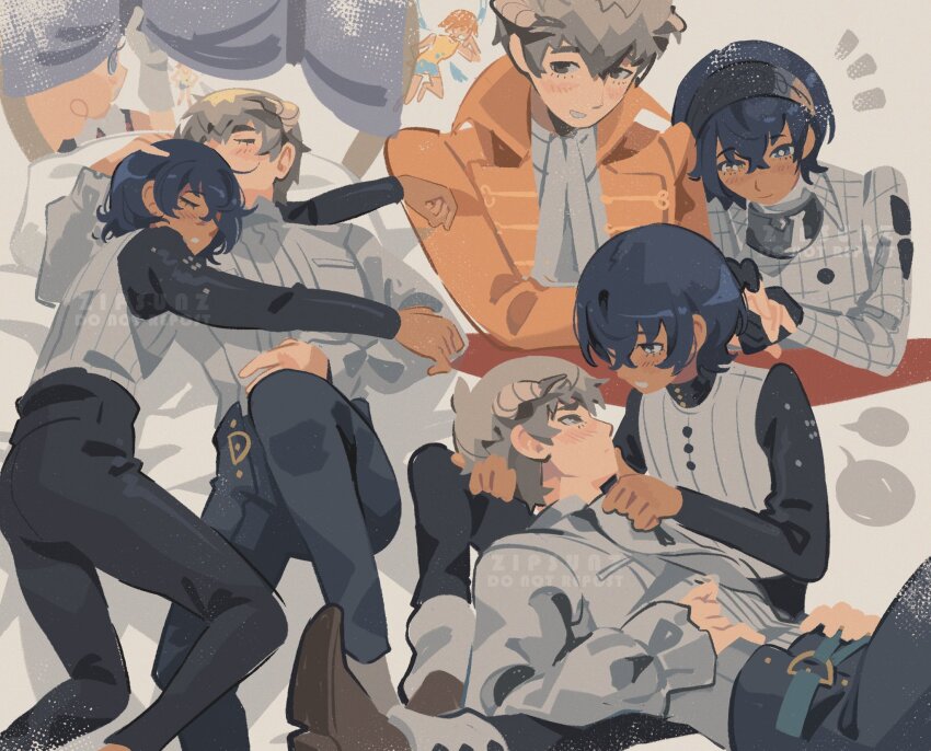 1girl 2boys ascot belt black_belt black_pants black_shirt blue_eyes blue_hair blush brown_eyes coat collared_coat commentary dark-skinned_male dark_skin dress english_commentary fairy_wings frilled_sleeves frills gallica_(metaphor:_refantazio) hair_between_eyes hairband hand_on_another&#039;s_head heterochromia high_collar highres holding_hands lapels long_sleeves looking_down lying male_focus metal_hairband metaphor:_refantazio multiple_boys multiple_views on_back on_side orange_hair pants patterned_clothing protagonist_(metaphor:_refantazio) shirt shirt_tucked_in sitting sleeping smile speech_bubble strohl_(metaphor:_refantazio) vest white_ascot white_shirt white_vest wing_collar wings yaoi yellow_coat zipsunz