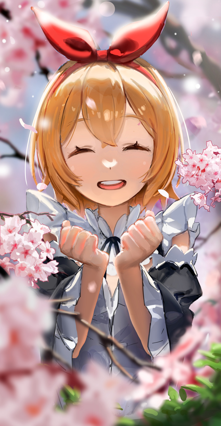 1girl :d ^_^ absurdres black_ribbon black_sleeves blonde_hair blurry blurry_foreground bow closed_eyes detached_collar detached_sleeves facing_viewer hair_bow hairband hdk_moon highres long_sleeves maid neck_ribbon open_mouth petra_leyte re:zero_kara_hajimeru_isekai_seikatsu red_bow red_hairband ribbon roswaal_mansion_maid_uniform short_hair smile solo upper_body