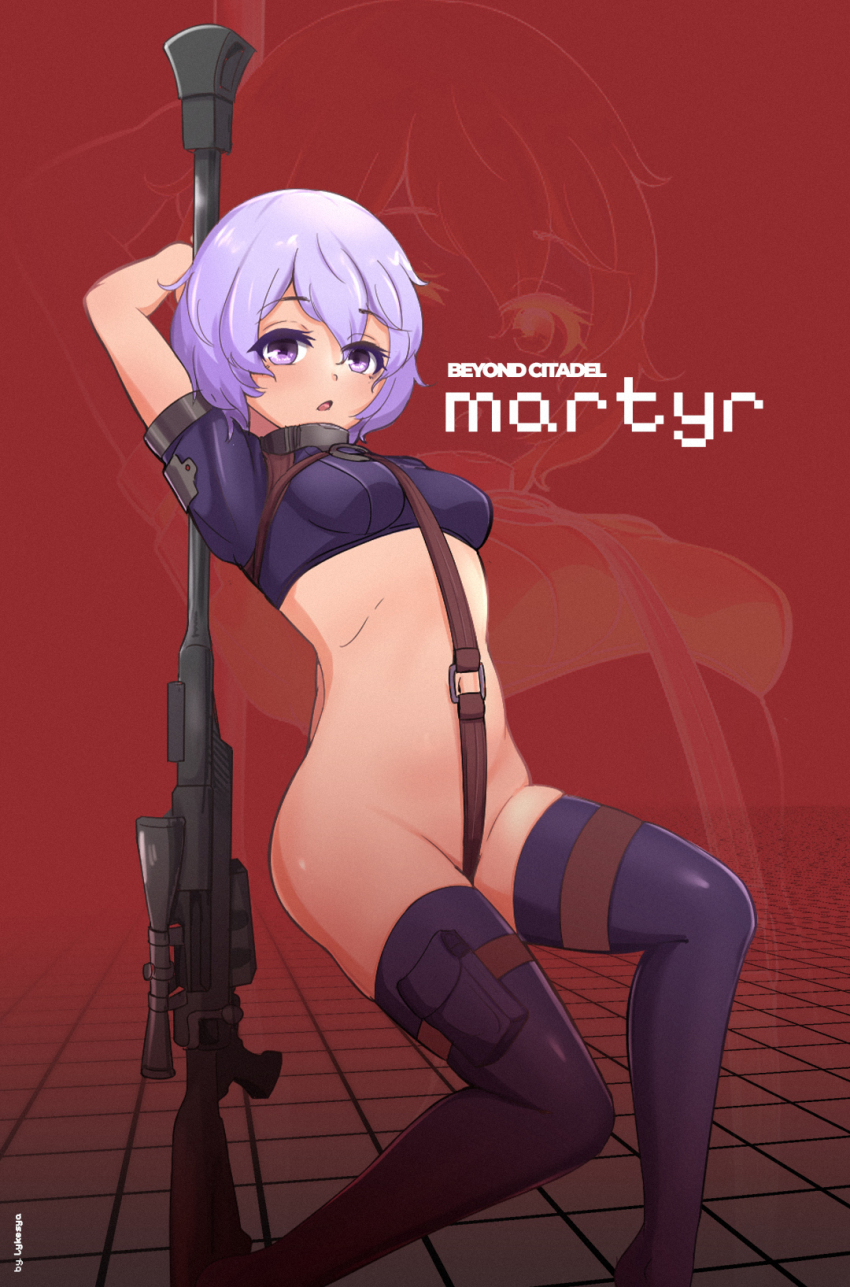 1girl bare_hips blush character_name crop_top female_focus gun holding holding_gun holding_rifle holding_weapon looking_at_viewer lykesya martyr_(the_citadel) open_mouth pouch purple_eyes purple_hair purple_shirt purple_thighhighs red_background rifle shirt short_sleeves simple_background sniper_rifle solo solo_focus the_citadel thigh_pouch thigh_strap thighhighs title weapon