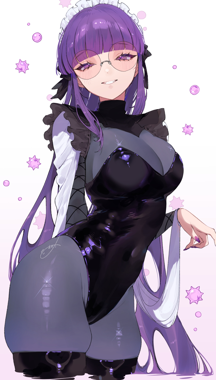 1girl absurdres agrippina_(monster_strike) arched_back black_boots black_leotard blunt_bangs blush boots breasts contrapposto covered_navel cowboy_shot frilled_shrug grey_bodystocking grin groin highleg highleg_leotard highres hime_cut ira_n large_breasts latex latex_leotard leotard liquid_hair long_hair long_sleeves looking_at_viewer maid maid_headdress monster_strike nontraditional_playboy_bunny pink-tinted_eyewear purple_hair round_eyewear see-through_cleavage see-through_clothes shrug_(clothing) skindentation smile solo strapless strapless_leotard thigh_boots tinted_eyewear unconventional_maid very_long_hair wading