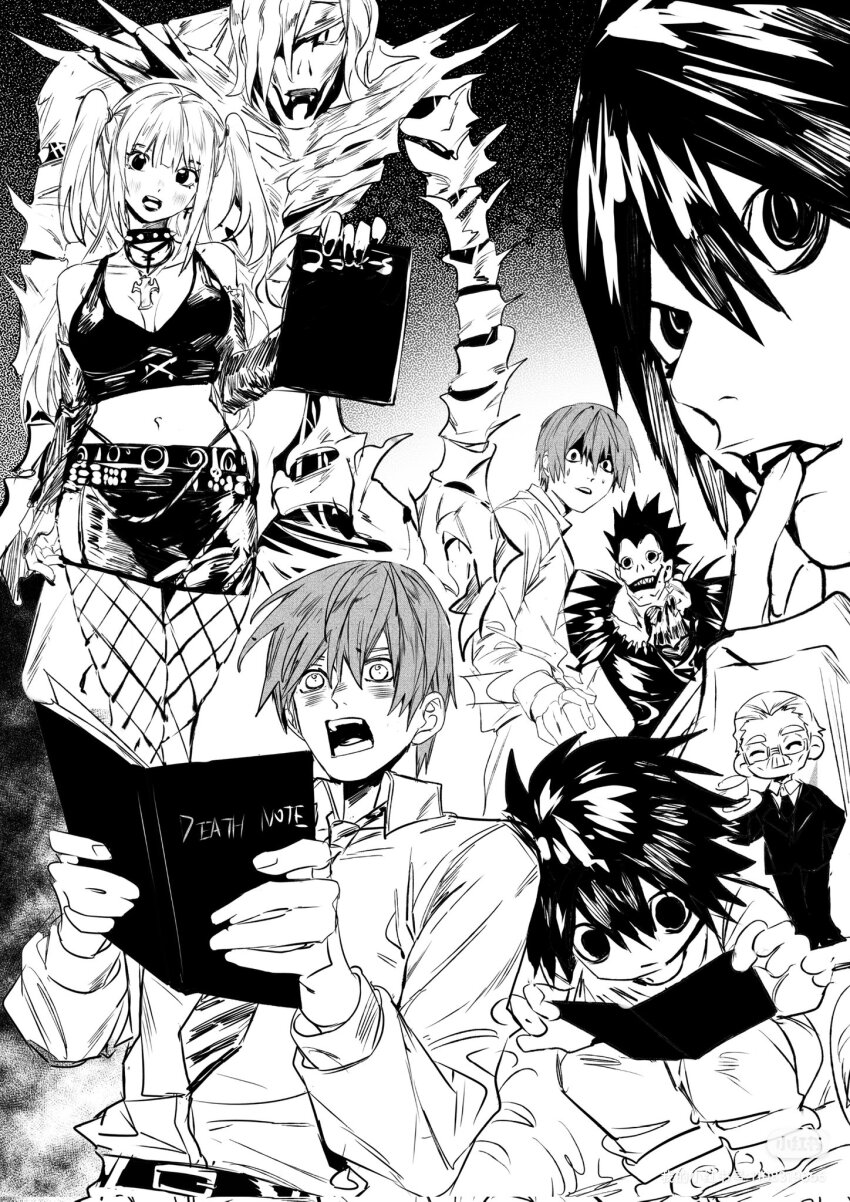 2girls 4boys amane_misa bare_shoulders barefoot black_hair black_nails black_shirt black_skirt black_sleeves black_suit blunt_bangs blush book breasts cleavage closed_eyes collared_shirt crop_top cup death_note death_note_(object) detached_sleeves facial_hair finger_in_own_mouth fishnet_pantyhose fishnets formal_clothes glasses greyscale hair_between_eyes half_updo highres holding holding_book holding_cup l_(death_note) long_hair long_sleeves medium_breasts midriff miniskirt monochrome monster multiple_boys multiple_girls mustache nail_polish navel necktie old old_man open_mouth pantyhose rem_(death_note) ryuk shinigami shirt short_hair short_twintails skirt sleeveless sleeveless_shirt smile squatting striped_necktie studded_choker suit sweatdrop twintails watari_(death_note) xi_luo_an_ya yagami_light