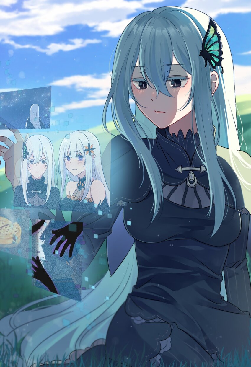 1boy 2girls bare_shoulders black_capelet black_dress black_eyes black_hair blue_sky blush breasts bug butterfly butterfly_hair_ornament capelet closed_mouth cloud cloudy_sky colored_eyelashes dress echidna_(re:zero) elf food frills green_butterfly hair_between_eyes hair_ornament hair_slicked_back highres insect kneeling long_hair long_sleeves looking_at_another looking_at_viewer medium_breasts mororo1357 multiple_girls multiple_views natsuki_subaru on_grass pie pie_slice pointy_ears purple_eyes re:zero_kara_hajimeru_isekai_seikatsu satella_(re:zero) screen shadow_hands short_hair sky smile star_(sky) starry_sky striped_clothes vertical-striped_clothes white_eyelashes white_hair