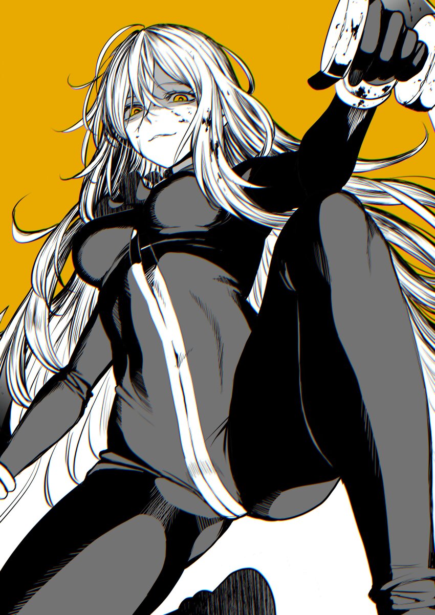 1girl absurdres bodysuit e.g.o_(project_moon) from_below gloves greyscale_with_colored_background highres holding holding_weapon ishmael_(project_moon) limbus_company long_hair looking_at_viewer maki_maki_(makimakipoipoi) on_one_knee project_moon sidelocks solo very_long_hair weapon wingbeat_(e.g.o) yellow_background yellow_eyes