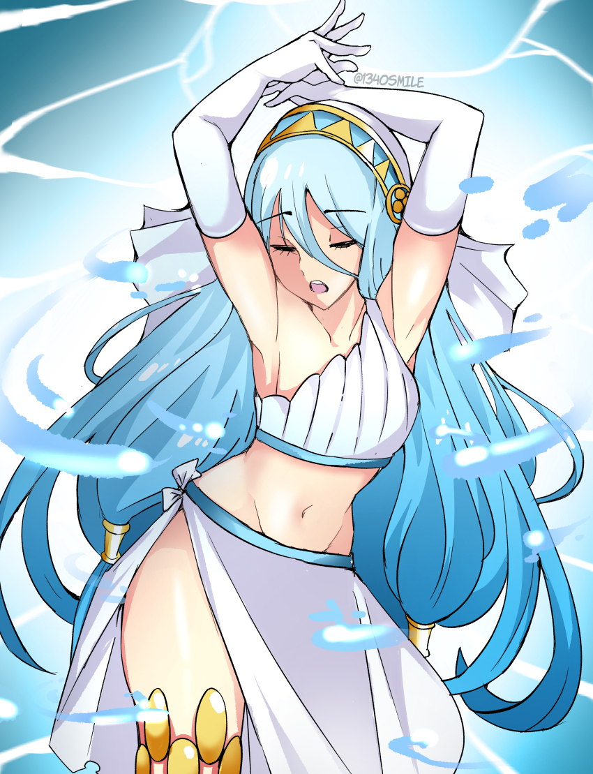 1340smile 1girl absurdres alternate_costume armpits azura_(fire_emblem) blue_hair closed_eyes collarbone commentary dancing elbow_gloves english_commentary fire_emblem fire_emblem_fates gloves hair_between_eyes highres long_hair midriff navel nintendo open_mouth skirt solo stomach twitter_username veil very_long_hair white_gloves white_skirt