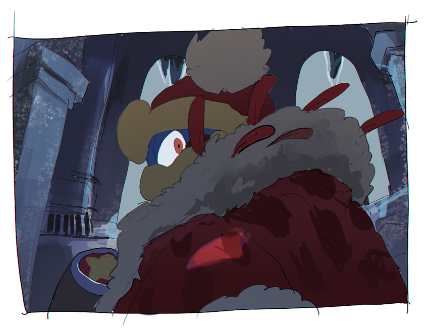 1boy coat fur-trimmed_coat fur_trim in-universe_location indoors king_dedede kirby_(series) kirby_and_the_forgotten_land looking_at_viewer male_focus nintendo no_humans nt_26 pillar pom_pom_(clothes) red_coat red_eyes solo star_(symbol)