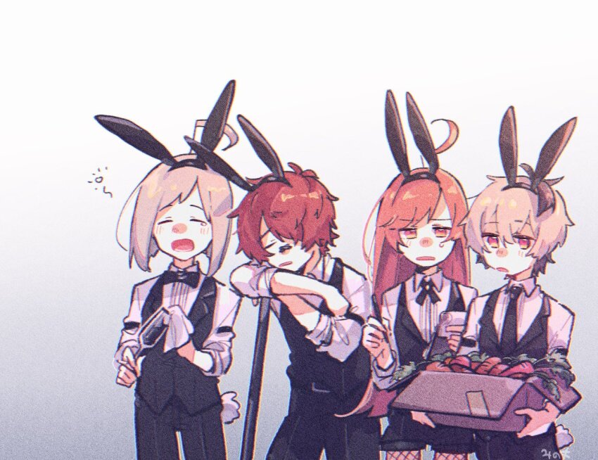 2boys 2girls ahoge androgynous animal_ear_hairband animal_ears bandaid bandaid_on_face bandaid_on_nose belt black_bow black_bowtie black_necktie black_pants black_shorts black_vest bow bowtie box broom cardboard_box carrot cleaning closed_eyes commentary cowboy_shot crossed_bandaids cup dress_pants dress_shirt drinking_glass fake_animal_ears film_grain fishnet_pantyhose fishnets flower_(vocaloid) flower_(vocaloid4) formal_clothes fukase gradient_background grey_hair hairband holding holding_box holding_cup holding_notepad holding_pen holding_towel leaning_on_broom leaning_on_object leotard long_hair looking_at_viewer mi_no_take multiple_boys multiple_girls neck_ribbon necktie notepad open_mouth pants pantyhose pen pink_hair playboy_bunny rabbit_ear_hairband rabbit_ears rabbit_tail red_hair ribbon sf-a2_miki shirt short_hair shorts squeans standing symbol-only_commentary tail tearing_up towel utatane_piko vest vocaloid white_shirt wine_glass yawning