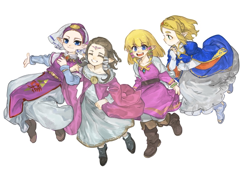 4girls aged_down blonde_hair blue_eyes boots bridal_gauntlets brown_hair circlet dress green_eyes highres in-franchise_crossover locked_arms multiple_girls multiple_persona nintendo open_mouth princess_zelda simple_background smile teeth the_legend_of_zelda the_legend_of_zelda:_breath_of_the_wild the_legend_of_zelda:_ocarina_of_time the_legend_of_zelda:_skyward_sword the_legend_of_zelda:_twilight_princess tiara upper_teeth_only yangwithlemontea young_zelda