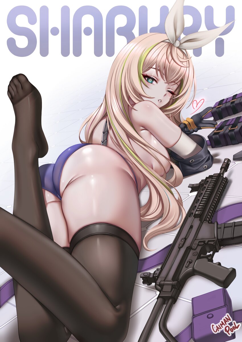 1girl absurdres aqua_eyes artist_name ass assault_rifle black_thighhighs blonde_hair blowing_kiss bow_hairband breasts caiman_pool character_name commentary english_commentary feet girls&#039;_frontline girls&#039;_frontline_2:_exilium green_hair gun hairband highres legs_up long_hair looking_at_viewer looking_back lying multicolored_hair no_bra no_shoes on_floor on_stomach one_eye_closed panties parted_lips pouch purple_panties rifle robinson_armaments_xcr sharkry_(girls&#039;_frontline_2) simple_background solo star-shaped_pupils star_(symbol) streaked_hair symbol-shaped_pupils thighhighs toes two-tone_hair underwear weapon white_hairband