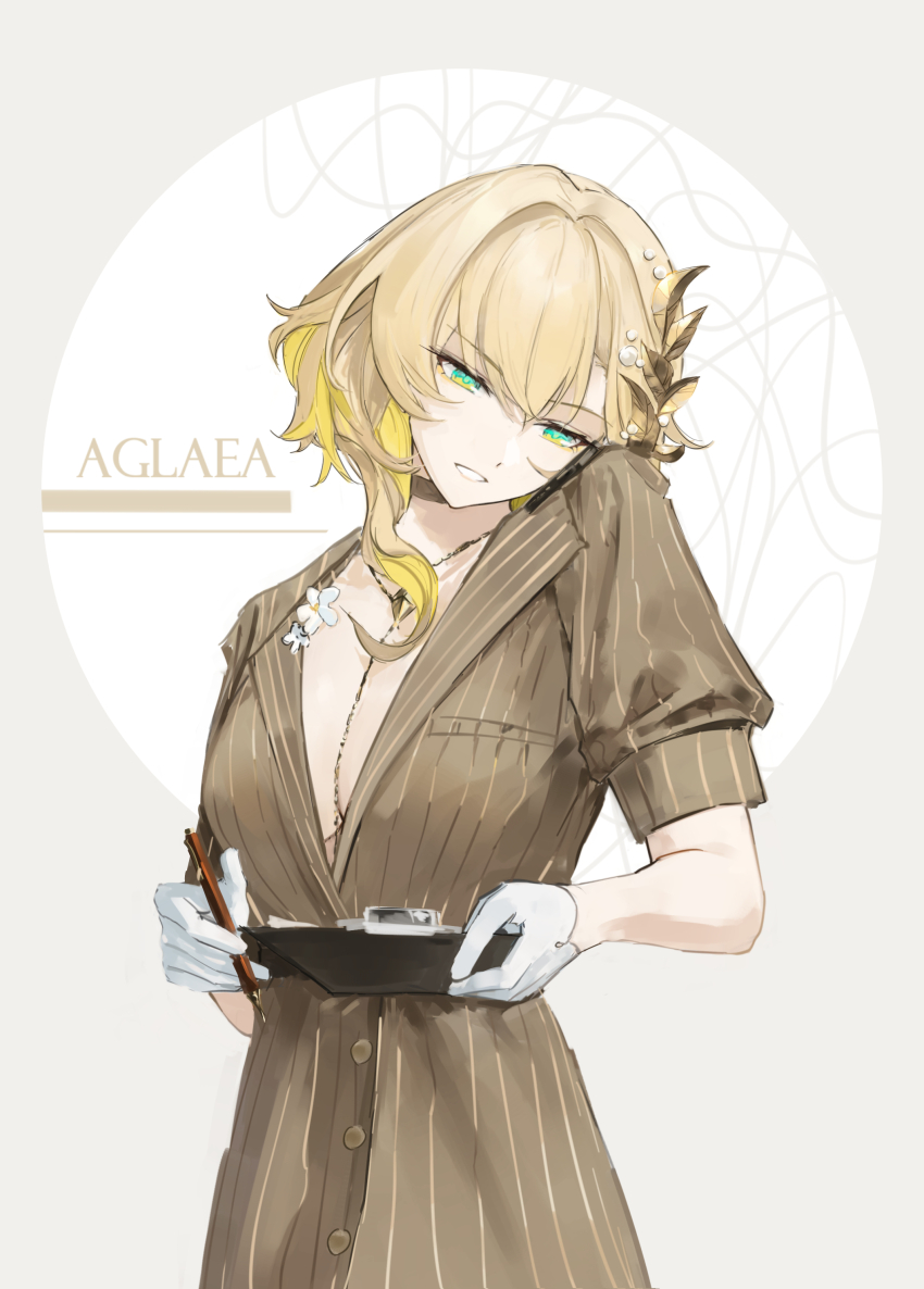 1girl absurdres aglaea_(fashion)_(honkai:_star_rail) aglaea_(honkai:_star_rail) blonde_hair breasts brown_background brown_choker brown_jacket character_name chinese_commentary choker cleavage clipboard commentary_request cowboy_shot flower gloves green_eyes hair_between_eyes hair_ornament highres holding holding_clipboard holding_pen honkai:_star_rail honkai_(series) jacket large_breasts long_hair looking_down miaooon official_alternate_costume open_clothes open_jacket parted_lips pen phone short_sleeves simple_background solo white_background white_flower white_gloves