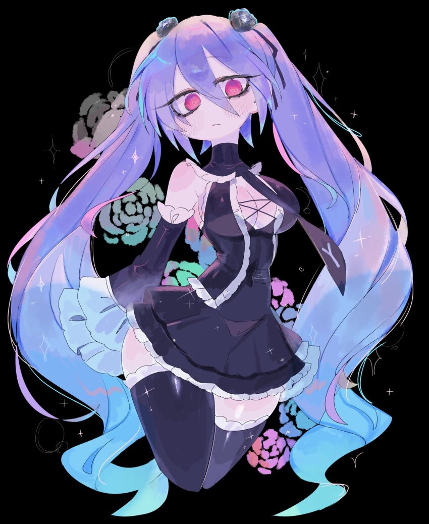 1girl aqua_flower aqua_rose arms_at_sides bare_shoulders black_background black_dress black_flower black_necktie black_ribbon black_rose black_sleeves black_thighhighs blue_hair blush breasts bright_pupils cleavage closed_mouth commentary covered_navel cropped_legs detached_sleeves double-parted_bangs downturned_eyes dress english_commentary eyelashes floral_background flower frilled_sleeves frilled_thighhighs frills from_below frown gradient_hair green_flower green_rose grey_flower grey_rose hair_between_eyes hair_flower hair_ornament hair_ribbon hatsune_miku hatsune_miku_(infinity) highres large_breasts long_hair long_sleeves looking_at_viewer multicolored_hair necktie petticoat pink_flower pink_rose project_diva_(series) purple_hair red_eyes ribbon rose short_dress simple_background single_eyebrow solo sparkle symbol-shaped_pupils thighhighs turning_head twintails two-tone_hair usa37107692 very_long_hair vocaloid wavy_hair wide_hips wide_sleeves zettai_ryouiki
