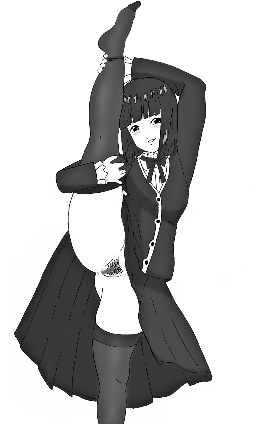 1girl absurdres anus blush breasts censored feet flexible grabbing_own_thigh highres kitaooji_hanabi leg_grab leg_lift leg_up legs medium_breasts meme monochrome parted_lips presenting pubic_hair pussy sakura_taisen seductive_gaze seductive_smile sega short_hair smile solo split standing standing_on_one_leg standing_split thick_thighs thighhighs thighs