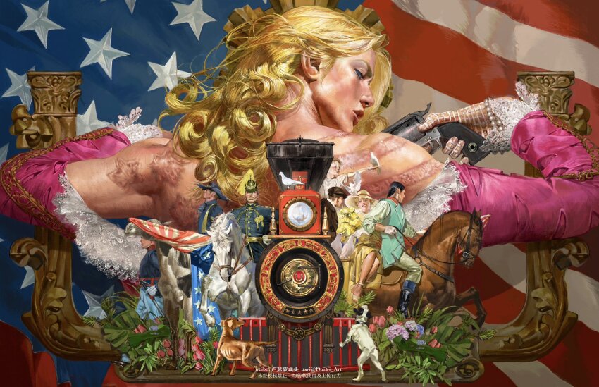 1girl 6+boys american_flag americana back bird blonde_hair blue_eyes branded brown_horse burn_scar child commentary curly_hair dog dove dress english_commentary flower from_behind funny_valentine gun handgun highres holding holding_gun holding_weapon j._c._leyendecker_(style) jacket jacket_partially_removed jojo_no_kimyou_na_bouken lace-trimmed_jacket locomotive long_hair looking_at_viewer looking_back multiple_boys pink_flower pink_jacket red_flower revolver scar soldier solo_focus steam_locomotive steel_ball_run train tudou_estor tulip twitter_username weapon white_bird white_horse yellow_dress