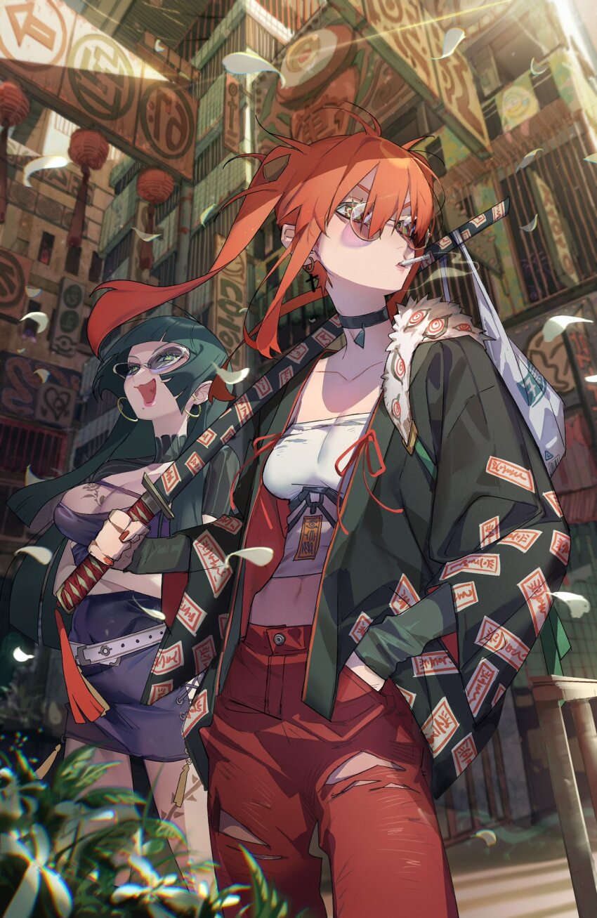 2girls breasts buttons cigarette cleavage glasses highres katana large_breasts multiple_girls open_mouth pants smile soono_(rlagpfl) sunglasses sword tagme weapon