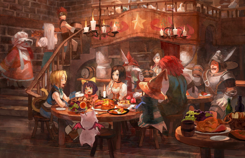 +_+ 00s 5boys 5girls adelbert_steiner armor ascot barrel basket beatrix blank_(ff9) blonde_hair blue_eyes bob_cut bottle bow bread breastplate brown_eyes brown_hair candle carrying chandelier chef_hat cleavage_cutout clothing_cutout cup earrings eiko_carol everyone eyepatch feathers final_fantasy final_fantasy_ix flying food fork freija_crescent fruit garnet_til_alexandros_xvii glass gloves grapes hair_bow hand_on_own_face happy hat helmet horns indoors jewelry laughing long_hair looking_at_another meat mog moogle mug multiple_boys multiple_girls neck_ribbon plate purple_hair quina_quen red_hair restaurant ribbon ruby_(ff9) salamander_coral sasumata_jirou short_hair single_horn sitting slice_of_life smile square_enix stairs star_(symbol) stool striped_legwear table tail tongue tongue_out turkey_(food) vivi_ornitier walking white_hair wine_bottle witch_hat zidane_tribal