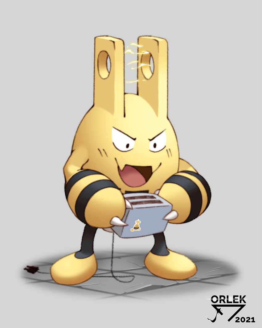 :d absurdres artist_name black_eyes claws commentary electricity elekid fang full_body gen_2_pokemon grey_background highres holding looking_down nintendo no_humans open_mouth orlek pokemon pokemon_(creature) pokemon_focus skin_fang smile solo standing toaster