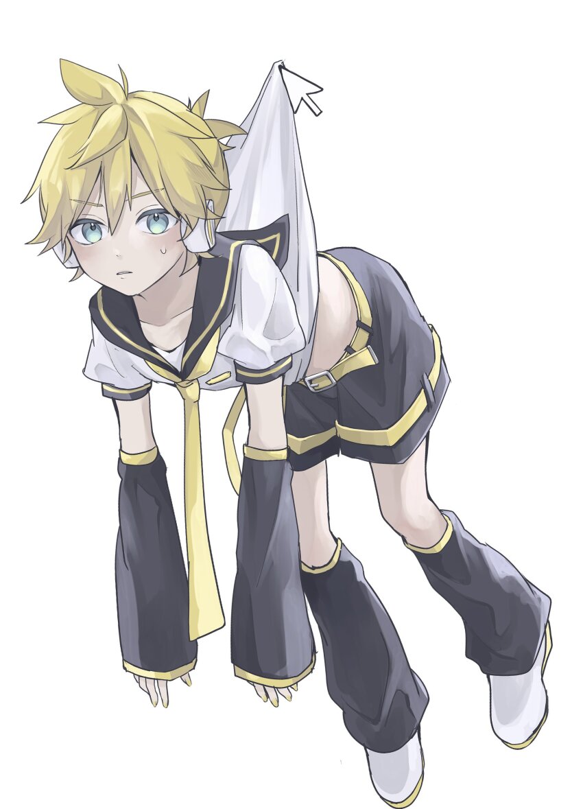 1boy absurdres black_sailor_collar blonde_hair blue_eyes blush clothes_lift detached_sleeves full_body headphones highres kagamine_len leg_warmers looking_at_viewer male_focus midriff neckerchief necktie paripariparingo sailor_collar school_uniform serafuku short_hair shorts simple_background solo sweat vocaloid white_background yellow_neckerchief yellow_necktie