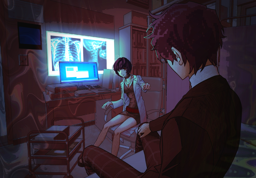 1boy 1girl amamiya_ren bare_legs black_choker black_dress black_hair black_jacket blunt_bangs checkered_clothes checkered_pants choker coat collarbone commentary_request dress from_behind fx34s glasses highres indoors jacket korean_commentary lab_coat looking_at_another monitor open_clothes open_coat pants persona persona_5 school_uniform short_dress short_hair shuujin_academy_school_uniform sitting sweater takemi_tae three_quarter_view turtleneck turtleneck_sweater white_coat white_sweater x-ray_film