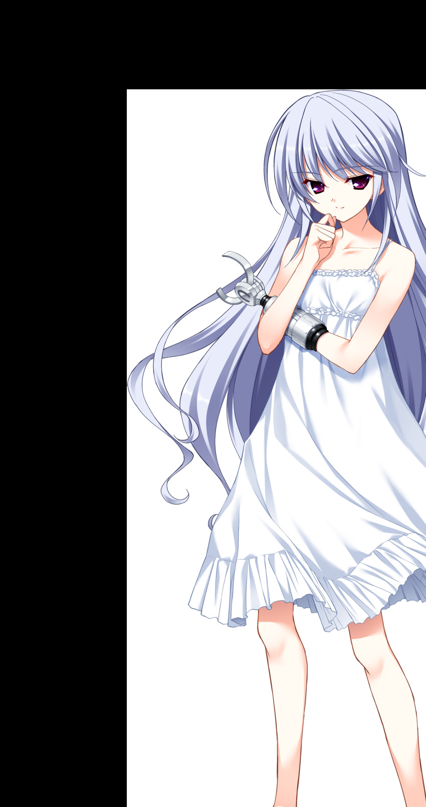 1girl absurdres bare_shoulders barefoot closed_mouth collarbone dress flat_chest full_body fumio_(ura_fmo) game_cg grey_hair grisaia_(series) grisaia_no_rakuen hand_on_own_chin highres kazami_kazuki long_hair looking_at_viewer mechanical_arms non-web_source official_art red_eyes single_mechanical_arm sleeveless sleeveless_dress smile solo sprite_art standing stroking_own_chin sundress swept_bangs tachi-e transparent_background variant_set very_long_hair white_dress