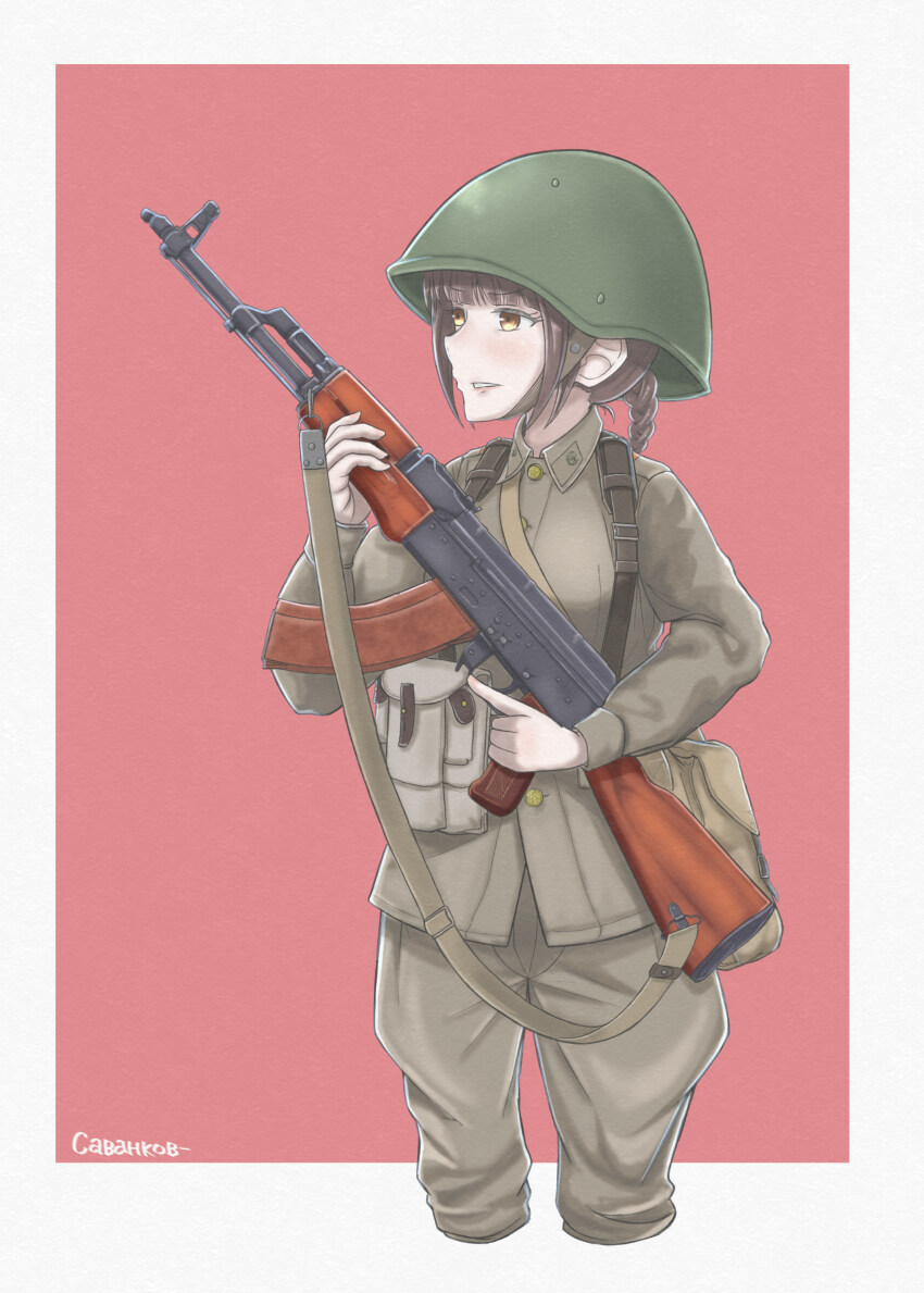 1girl absurdres akm artist_name assault_rifle blunt_bangs border braid brown_eyes brown_hair brown_pants brown_shirt chin_strap collar_tabs collared_shirt combat_helmet commentary cropped_legs green_headwear green_helmet gun gun_sling helmet highres holding holding_gun holding_weapon kalashnikov_rifle load_bearing_equipment long_sleeves looking_to_the_side military military_fatigues military_uniform original pants parted_lips pink_background rifle russian_commentary russian_text savankov shirt simple_background single_braid soldier solo upper_body weapon white_border
