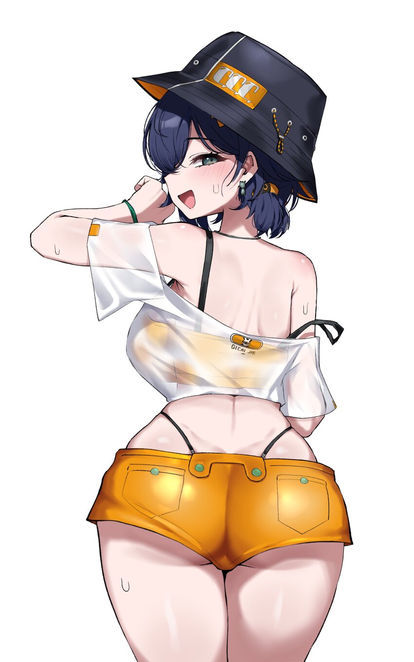 1girl absurdres ass belle_(zenless_zone_zero) bikini bikini_under_shorts blue_hair bucket_hat commentary cowboy_shot from_behind green_eyes hahyaha hat highres looking_at_viewer looking_back official_alternate_costume orange_bikini orange_shorts see-through_clothes see-through_shirt shirt short_hair short_shorts shorts simple_background solo swimsuit symbol-only_commentary thighs white_background white_shirt zenless_zone_zero