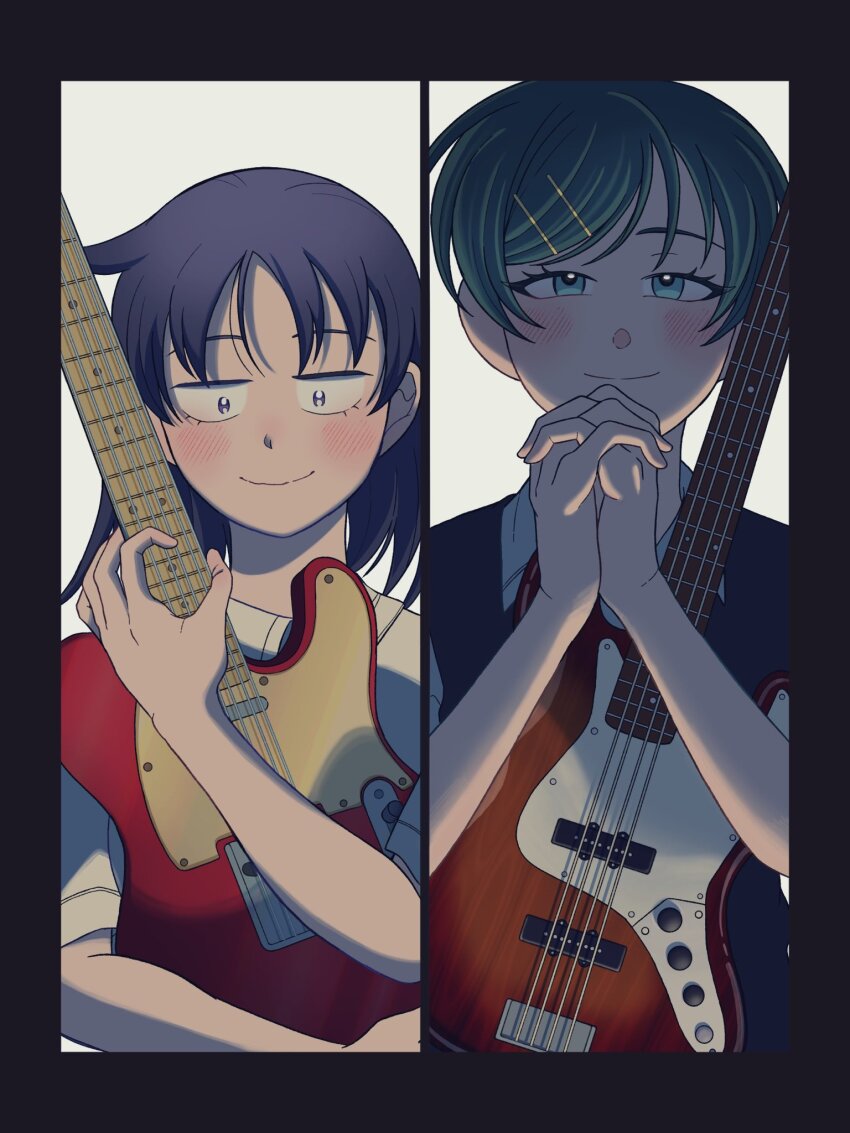 2girls aqua_eyes bass_guitar black_border black_hair blush border collared_shirt commentary_request electric_guitar fender_jazz_bass fender_telecaster futsuu_no_keion-bu green_hair guitar hair_ornament hairpin hatono_chihiro highres holding holding_bass_guitar holding_guitar holding_instrument instrument interlocked_fingers kouyama_rin looking_at_viewer looking_down medium_hair multiple_girls own_hands_clasped own_hands_together pixie_cut sanpaku shadow shirt short_hair sitesitei smile split_screen straight-on sweater_vest swept_bangs underlighting white_background white_shirt