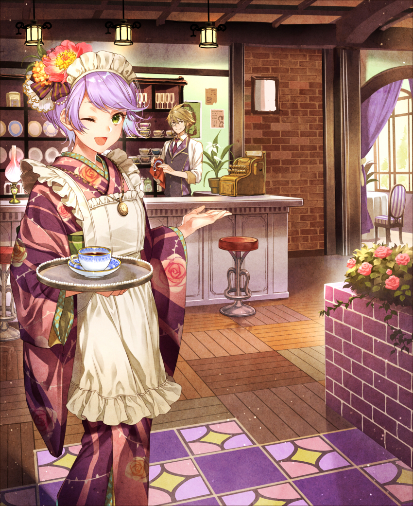 1boy 1girl :d apron bartender blonde_hair brick_wall brown_eyes cash_register chair clock_necklace collared_shirt counter cup curtains display flower frilled_apron frills green_eyes hair_flower hair_ornament hanging_lantern highres holding holding_rag holding_tray indoors japanese_clothes kimono lapels long_sleeves looking_at_another maid_headdress multicolored_kimono necktie one_eye_closed open_mouth original outstretched_hand plant plate potted_plant purple_hair purple_vest red_necktie shelf shinobiya_fsaka shirt short_hair sleeves_rolled_up smile spiked_hair standing stool swept_bangs tablecloth taishou tea teacup tile_floor tiles tray vest white_apron white_shirt window wing_collar wooden_floor