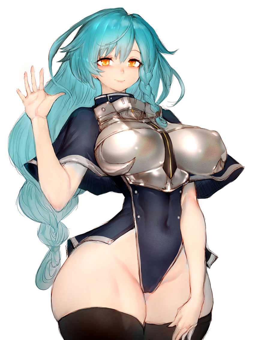 1girl armor black_thighhighs breastplate breasts cameltoe character_request copyright_request covered_erect_nipples covered_navel fumio_(rsqkr) highres hip_dips hip_focus impossible_clothes large_breasts lips long_hair looking_at_viewer narrow_waist navel pauldrons shoulder_armor simple_background smile solo thick_thighs thighhighs thighs white_background wide_hips