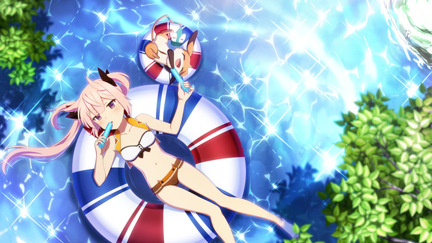 1girl adapted_costume bikini blush breasts collarbone day food game_cg hair_horns holding innertube long_hair looking_at_viewer lying mashiko_kaoru navel nene_(toji_no_miko) official_art on_back open_mouth osafune_girls_academy_school_uniform outdoors pink_hair purple_eyes school_uniform small_breasts solo stomach swim_ring swimsuit toji_no_miko toji_no_miko:_kizamishi_issen_no_tomoshibi tupet twintails water