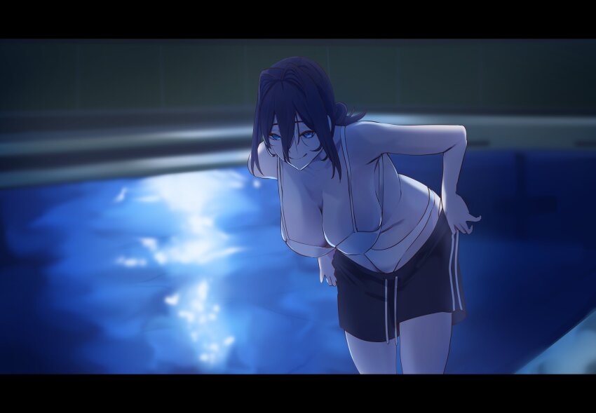 1girl absurdres black_shorts blue_eyes blue_hair bra breasts chainsaw_man closed_mouth daaku_(koizumi_arata) hair_between_eyes hanging_breasts hashtag-only_commentary highres hololive hololive_english huge_breasts night ouro_kronii outdoors panties pool scene_reference shorts smile solo underwear undressing virtual_youtuber white_bra white_panties