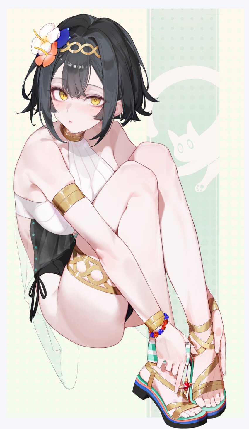 1girl absurdres amber_(stella_sora) armlet black_hair breasts flower gjz1227 gold_armlet hair_flower hair_ornament highres jewelry large_breasts legband looking_at_viewer official_alternate_costume open-toe_shoes open_mouth platform_sandals sandals short_hair stella_sora swimsuit yellow_eyes