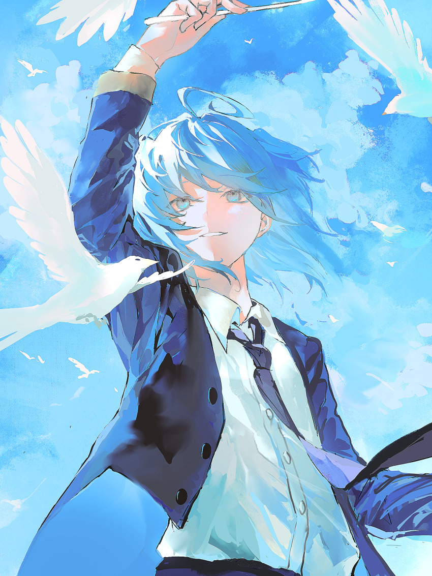 1boy ahoge androgynous arm_up bird black_jacket black_necktie black_pants blue_eyes blue_hair blue_sky blue_theme buttons chinese_commentary collared_shirt commentary_request day dove from_below grin haoye59602 highres holding huge_ahoge jacket looking_up male_focus medium_hair necktie open_clothes open_jacket original outdoors oyo-kun pants shirt sky smile solo swept_bangs two_side_up white_bird white_shirt wind