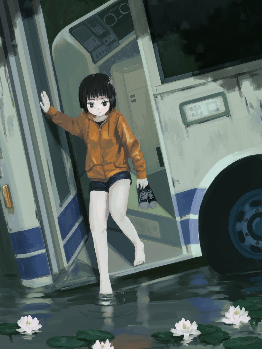 1girl absurdres barefoot black_eyes black_hair black_shorts blunt_bangs bob_cut bus highres holding holding_unworn_clothes holding_footwear holding_unworn_clothes jacket lily_pad motor_vehicle okura_lino orange_jacket original short_hair shorts soaking_feet solo