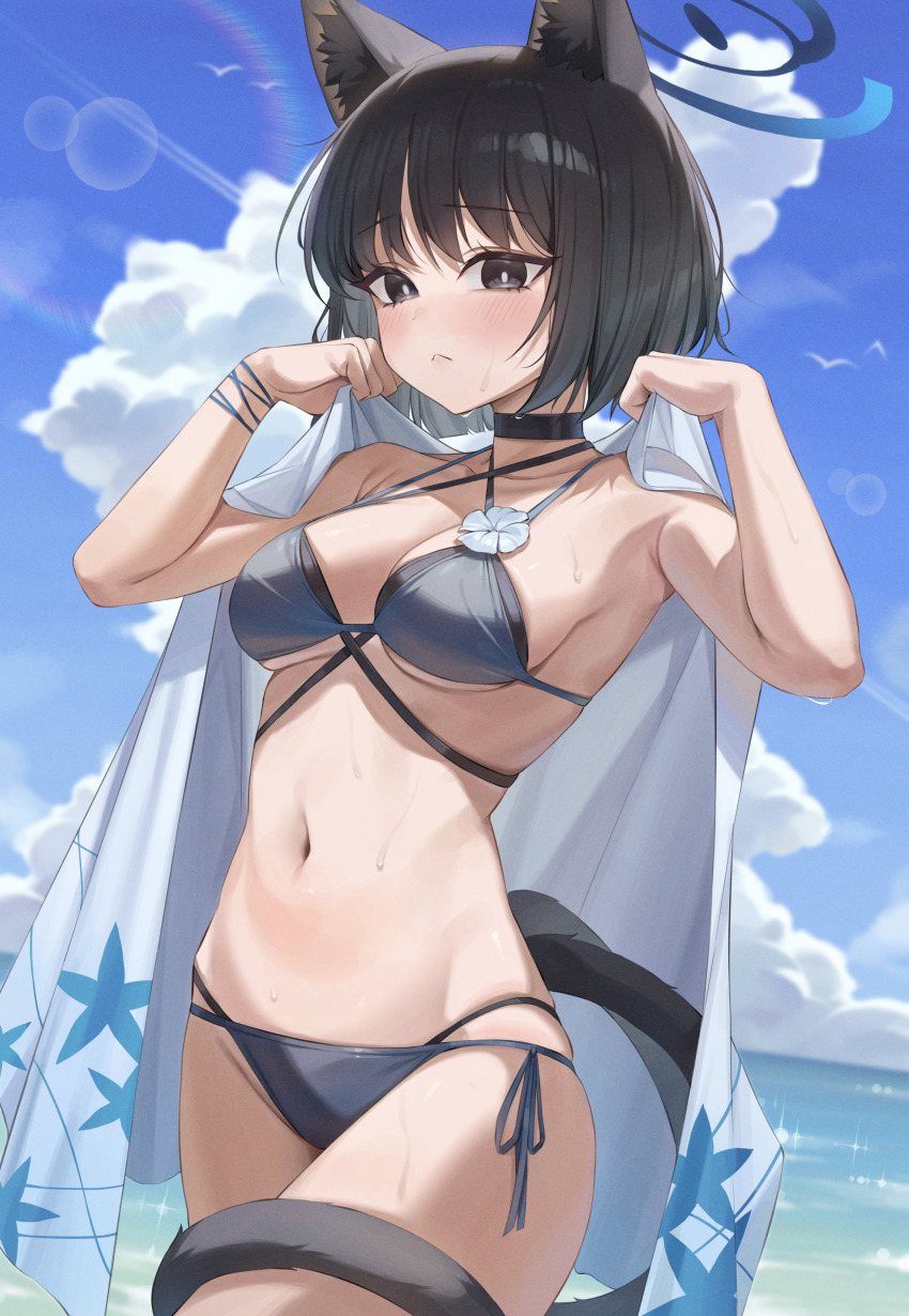 1girl :&lt; absurdres animal_ears armpit_crease bare_arms bare_shoulders bikini black_choker black_eyes black_hair blue_archive blue_bikini blue_halo blue_ribbon blush breasts bright_pupils cat_ears cat_girl cat_tail choker closed_mouth cloud commentary_request cowboy_shot criss-cross_halter cumulonimbus_cloud day dutch_angle flower halo halterneck hands_up highres holding holding_towel horizon kikyou_(blue_archive) kikyou_(swimsuit)_(blue_archive) korean_commentary layered_bikini lens_flare looking_at_viewer medium_breasts multi-strapped_bikini_bottom multi-strapped_bikini_top multiple_tails navel ocean official_alternate_costume outdoors ribbon short_hair side-tie_bikini_bottom solo sparkle standing stomach swimsuit tail tail_around_own_leg towel um_111 underboob water wet white_flower white_pupils wrist_ribbon