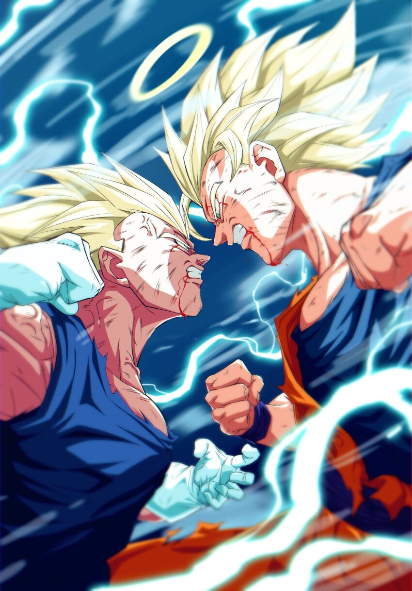 2boys battle battle_damage blonde_hair blood blood_from_mouth blue_bodysuit blue_shirt bodysuit clenched_hand dragon_ball dragonball_z electricity gloves green_eyes halo highres l04ju5y6tor3zae majin_vegeta male_focus medium_hair multiple_boys orange_shirt shirt son_goku spiked_hair super_saiyan super_saiyan_2 torn_clothes torn_shirt vegeta white_gloves