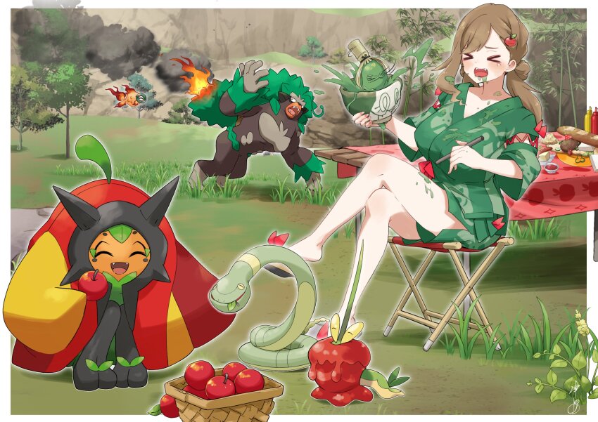 &gt;_&lt; 1girl :d ^_^ absurdres alternate_color annoyed apple apple_hair_ornament apple_print basket border bread breasts brown_hair burning chair chi-yu_(pokemon) closed_eyes commentary_request creatures_(company) crossed_legs dipplin dirty dirty_clothes drinking drinking_straw eating ekans fangs fire floating folding_chair food food-themed_hair_ornament food_print fruit fruit_basket fruit_print game_freak gen_1_pokemon gen_8_pokemon glassy0302 green_kimono green_shorts hair_ornament happy highres holding holding_pokemon japanese_clothes kimono kuraishi_ringo_(glassy0302) large_breasts laughing leaf long_hair low_twintails meat mini_flag nature nintendo ogerpon ogerpon_(hearthflame_mask) open_mouth original outdoors outside_border parted_bangs plant pokemon pokemon_(creature) pokemon_sv rillaboom running sandals sandwich scared shiny_pokemon shorts signature sinistcha sitting smile smoke smoke_trail squatting tablecloth tail tears teeth tongue tongue_out twintails white_border xd zouri