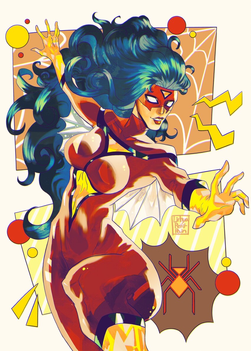 1girl artist_name black_hair bodysuit breasts gloves highres jessica_drew lirhyapetitpain long_hair marvel medium_breasts red_bodysuit solo spider-man_(series) spider-woman superhero_costume two-tone_bodysuit yellow_bodysuit yellow_gloves