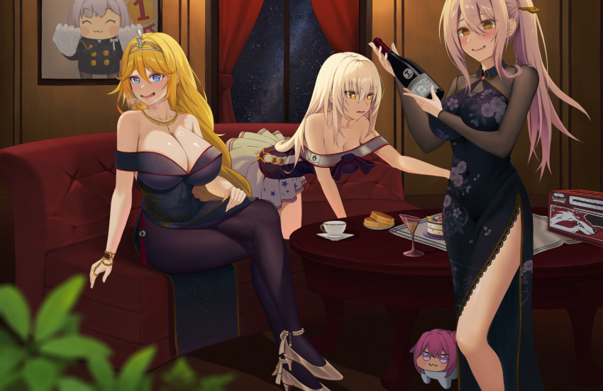 +_+ 3girls @_@ absurdres alternate_costume alternate_hairstyle ashes_(artorios0603) bare_shoulders black_dress black_pantyhose black_shirt blonde_hair blue_eyes blush bottle bracelet braid breasts cake cake_slice cameo champagne_bottle champagne_flute cleavage collarbone commentary_request couch creature crossed_legs cup curtains doro_(nikke) dress drinking_glass drooling drunk evening_gown food goddess_of_victory:_nikke gold_necklace grey_hair hair_between_eyes hair_ornament hair_stick heart heart-shaped_pupils high_heels highres holding holding_bottle indoors jewelry large_breasts liliweiss_(nikke) long_braid long_hair lower_teeth_only medium_breasts multiple_girls mustang_(nikke) necklace night off_shoulder on_couch open_mouth pantyhose picture_frame pioneer_(nikke) plant pleated_skirt ponytail potted_plant purple_dress radio rapunzel_(nikke) ring scarlet_(nikke) see-through_clothes see-through_sleeves shadow shirt side_slit sidelocks sitting skirt sleeveless sleeveless_dress smile snow_white_(nikke) standing strapless strapless_shirt sweat symbol-shaped_pupils table teacup teeth tiara under_table very_long_hair white_hair white_skirt window yellow_eyes