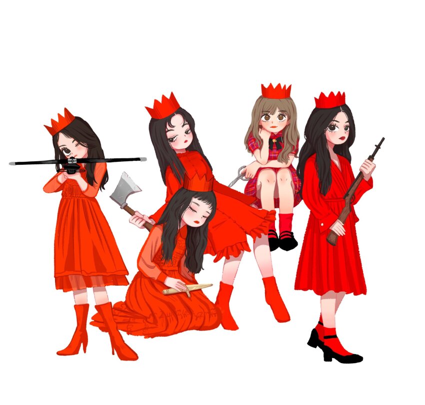 5girls aiming aiming_at_viewer axe black_hair blunt_bangs boots bow_(weapon) brown_hair commentary_request crown dress full_body gun high_heel_boots high_heels highres holding holding_axe holding_bow_(weapon) holding_gun holding_scissors holding_weapon invisible irene_(red_velvet) joy_(red_velvet) k-pop knife korean_commentary long_dress long_sleeves multiple_girls pikaristar real_life red_dress red_lips red_socks red_velvet_(group) scissors see-through_clothes see-through_sleeves seulgi_(red_velvet) simple_background sitting socks solo weapon wendy_(red_velvet) white_background yeri_(red_velvet)