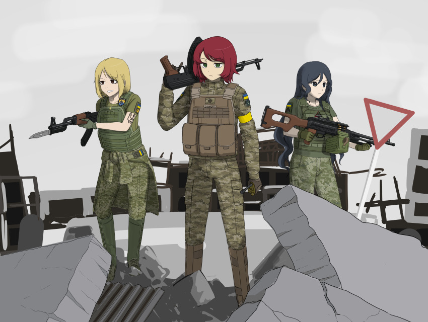 1boy 2girls absurdres ak-47 akm akms ammunition_pouch androgynous arm_tattoo armband assault_rifle azov_battalion bayonet black_cat03 blonde_hair brown_eyes building bulletproof_vest commentary commission commissioner_upload cyrillic debris english_commentary expressionless frown grin gun highres holding holding_gun holding_radio holding_weapon international_legion_of_ukraine jacket kalashnikov_rifle kenneth_del_duca kraken_(japanon) kraken_regiment long_hair machine_gun marichka military military_combat_uniform military_uniform multiple_girls non-web_source original pkm pouch radio_antenna red_hair rifle road_sign ruins russo-ukrainian_war short_hair sign smile swiss_flag tattoo trap tryzub ukrainian_flag walkie-talkie war weapon yellow_armband