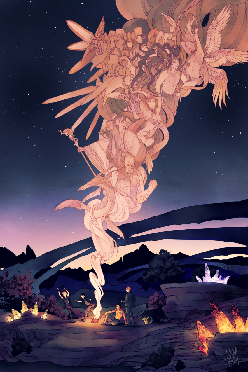 2girls 6+boys bahamut_(final_fantasy) black_jacket breasts campfire carbuncle_(final_fantasy) cleavage crystal final_fantasy final_fantasy_xv fire gladiolus_amicitia highres horns ignis_scientia jacket kickingshoes leviathan_(final_fantasy) monster monster_boy multiple_boys multiple_girls multiple_wings night night_sky noctis_lucis_caelum prompto_argentum ramuh shiva_(final_fantasy) sitting sky smoke star_(sky) starry_sky sword tattoo titan_(final_fantasy) weapon wings