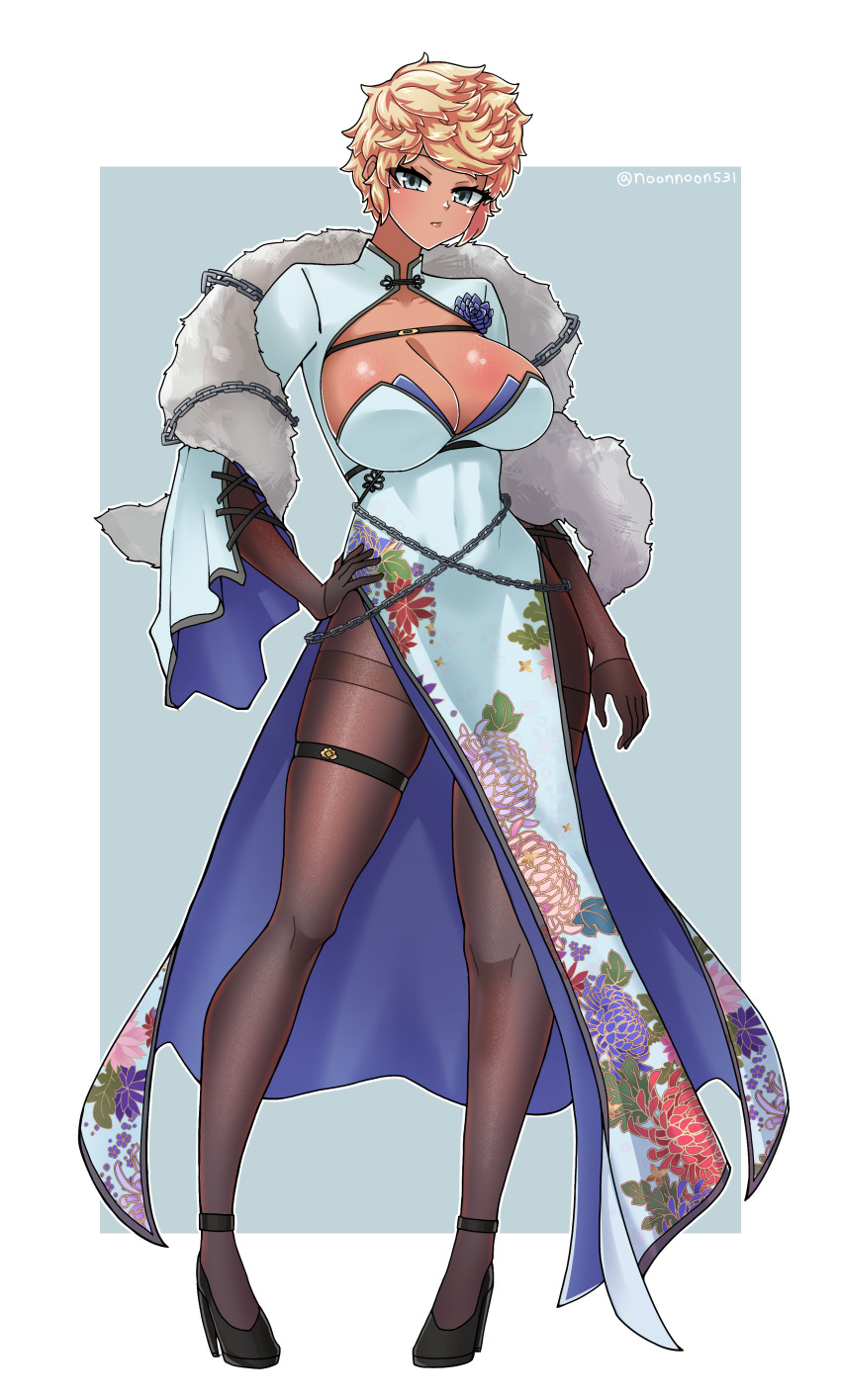 1girl absurdres alina_novikov artist_name black_shoes breasts brown_gloves brown_pantyhose chain cleavage cleavage_cutout clothing_cutout commission dress floral_print_dress flower full_body fur_scarf gloves hand_on_own_hip high_heels highres large_breasts noonnoon531 pantyhose shoes short_hair simple_background solo standing tan tatakau_ni_atai_suru thigh_strap thighband_pantyhose