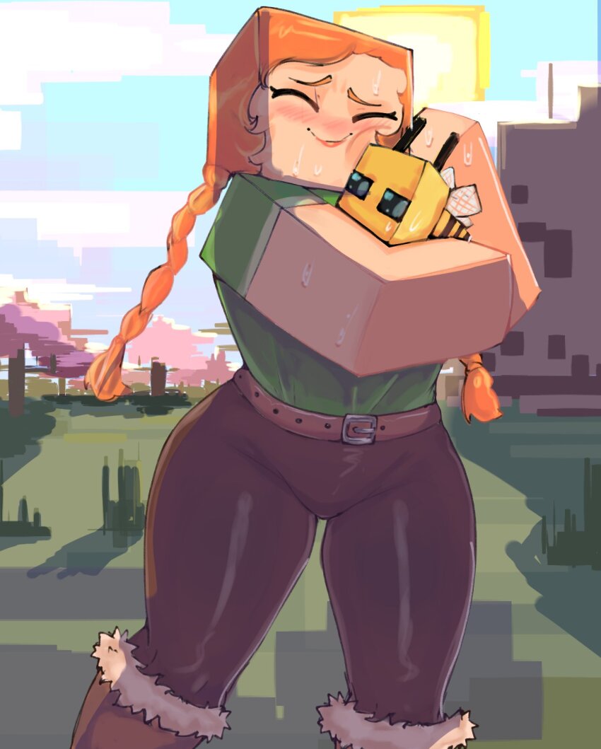 1girl alex_(minecraft) bee bee_(minecraft) belt blush boots braid breasts brown_belt brown_pants bug closed_eyes curvy freckles fur-trimmed_boots fur_trim green_shirt happy highres hug insect kashink7 knee_boots long_hair minecraft orange_hair pants shirt smile solo sweat thick_thighs thighs twin_braids
