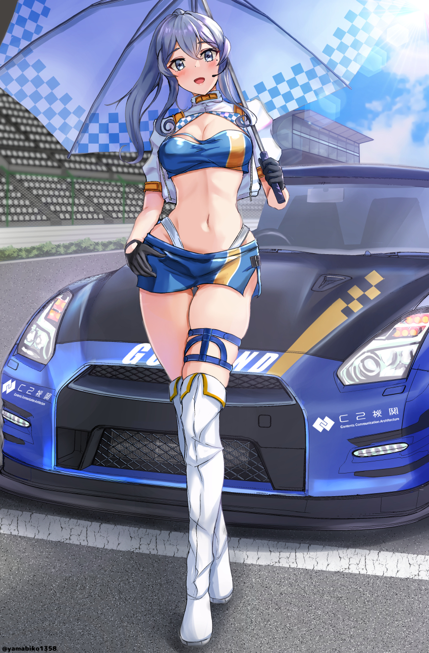 1girl absurdres bandeau black_gloves blue_bandeau blue_eyes blue_hair blue_skirt blue_sky boots breasts car checkered_clothes cloud cropped_jacket day full_body gloves gotland_(2020_race_queen)_(kancolle) gotland_(kancolle) hair_between_eyes half_gloves headphones headset highleg highleg_panties highres jacket kantai_collection long_hair looking_at_viewer microphone miniskirt mizuki_(uzuki_no_sato) mole mole_under_eye motor_vehicle navel nissan nissan_gt-r outdoors panties ponytail race_queen racetrack skirt sky smile solo standing thigh_boots two-tone_bandeau umbrella underwear white_boots white_jacket white_panties