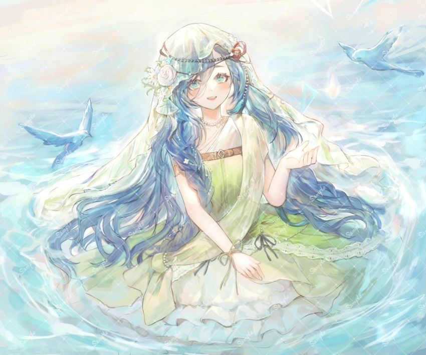 1girl 37_(happy_bird_catcher)_(reverse:1999) 37_(reverse:1999) :d artist_request bird blue_bird blue_eyes blue_hair commission dress flower green_dress green_veil hair_between_eyes hair_flower hair_ornament hand_up highres long_dress long_hair official_alternate_costume open_mouth partially_submerged reverse:1999 second-party_source sleeveless sleeveless_dress smile solo upper_body veil very_long_hair water watermark watermark_grid white_flower